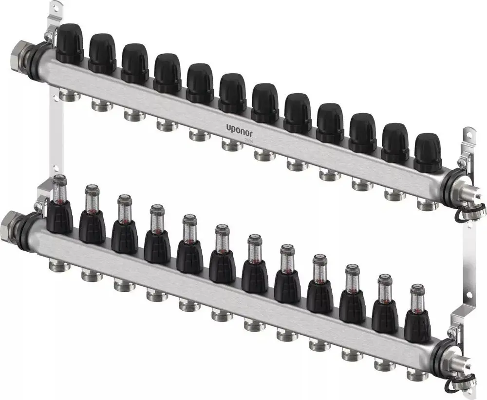 Uponor Verteiler mit mehreren Anschlüssen, bestehend aus zwei horizontalen Reihen, mit schwarzen Ventilen und Metallgehäuse für Heizungsanwendungen.
